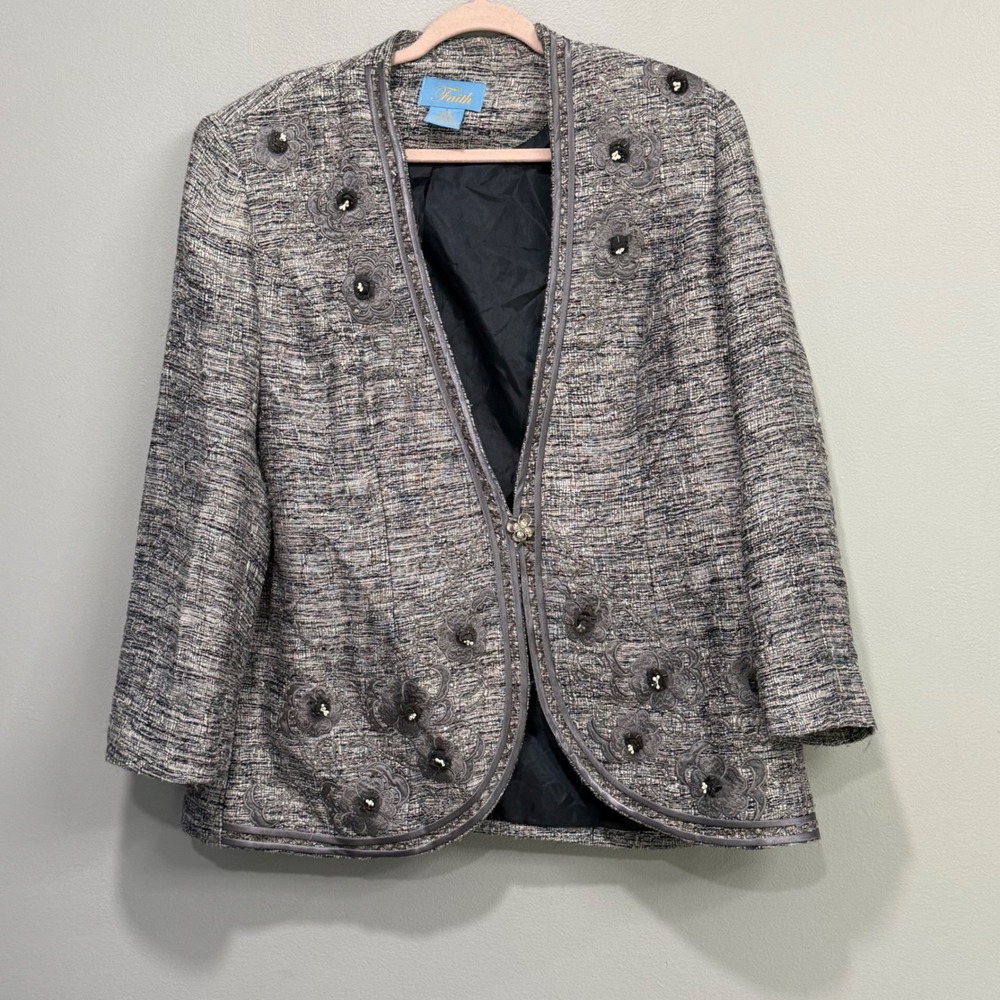 Faith Women Gray Silk Blend Tweed Floral Beaded Jacket Plus 16W church sunday